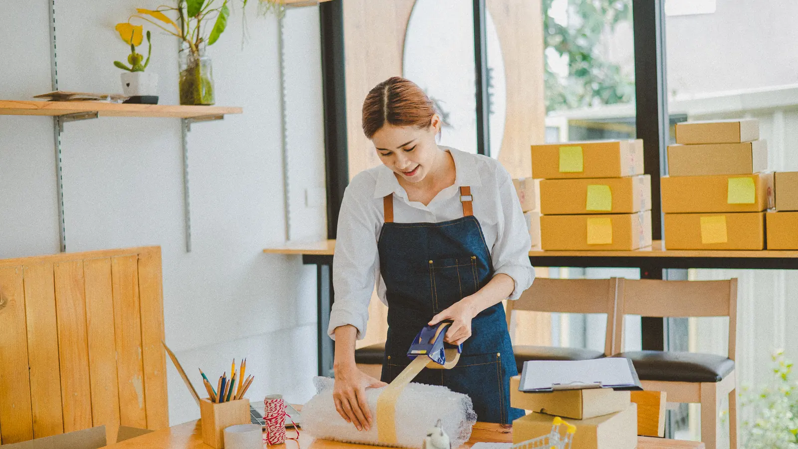 Commerçante emballant une commande dans son atelier, colis prêts à partir : site e-commerce Shopify ou WordPress