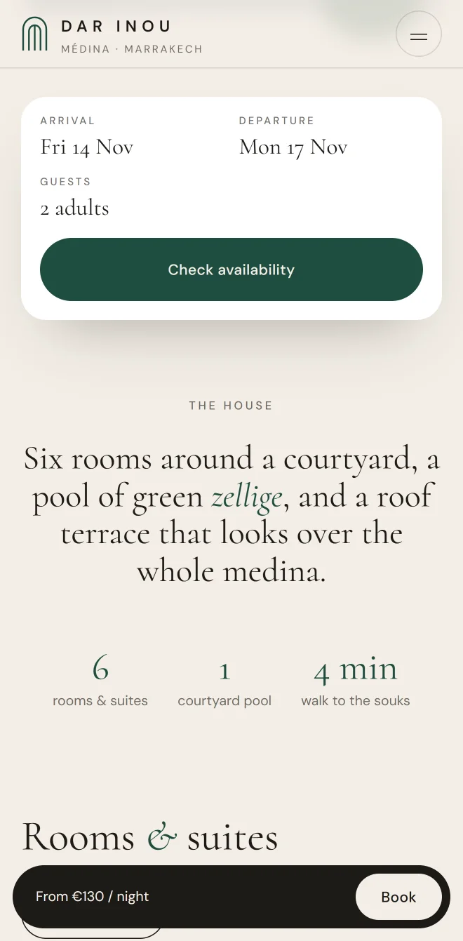 The booking card on a phone: arrival, departure, guests and one button
