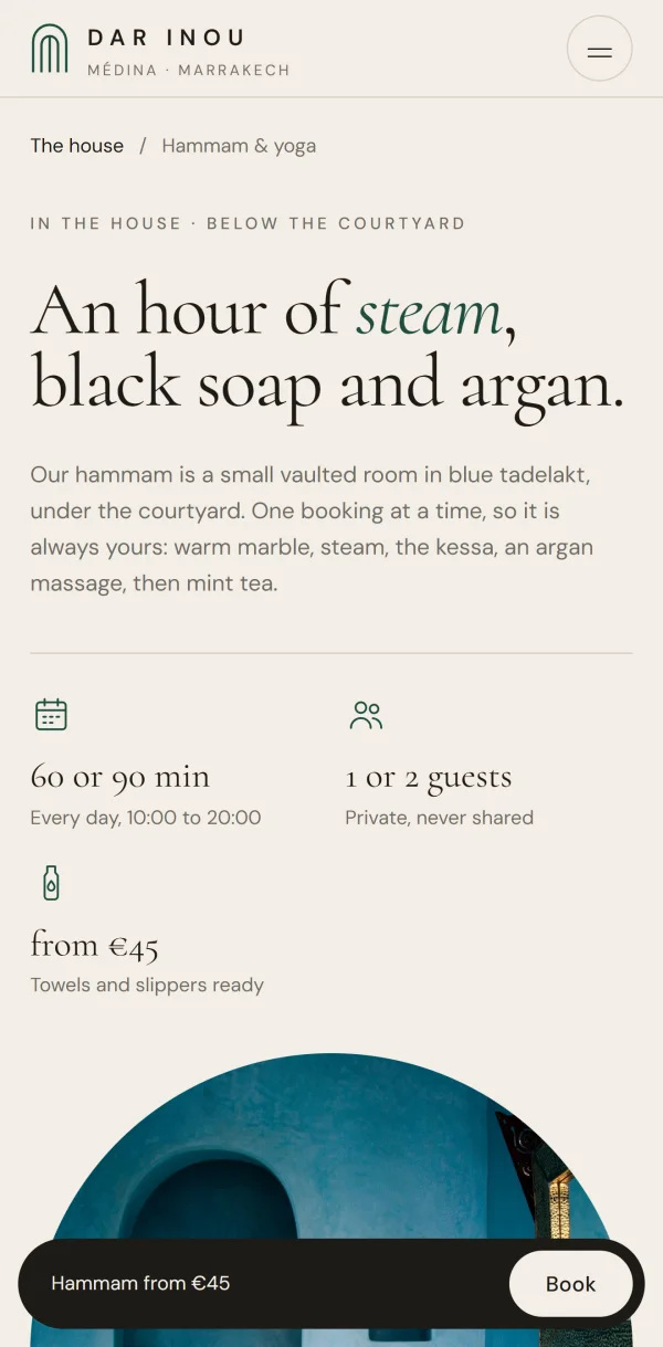 The hammam page on a phone