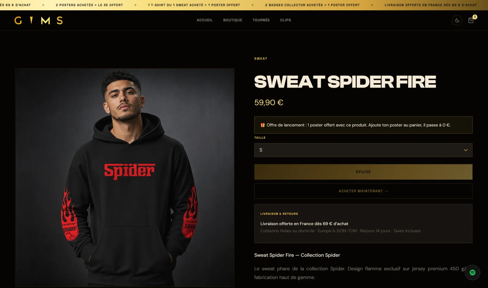 The Sweat Spider Fire product page of the GIMS store in dark mode: black and gold