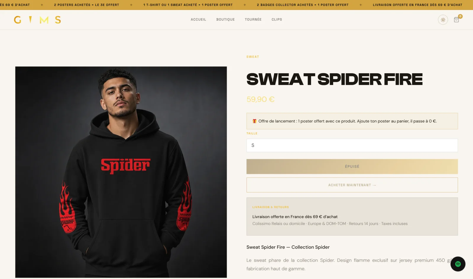 The same product page in light mode: cream and gold