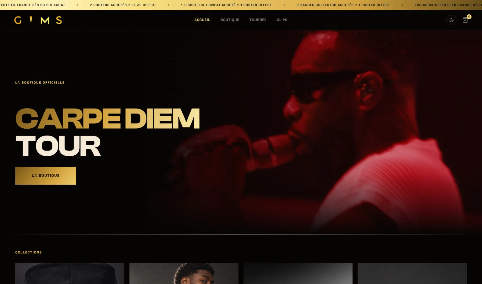 Home page of the GIMS official store: Carpe Diem Tour in liquid gold over a red portrait of GIMS