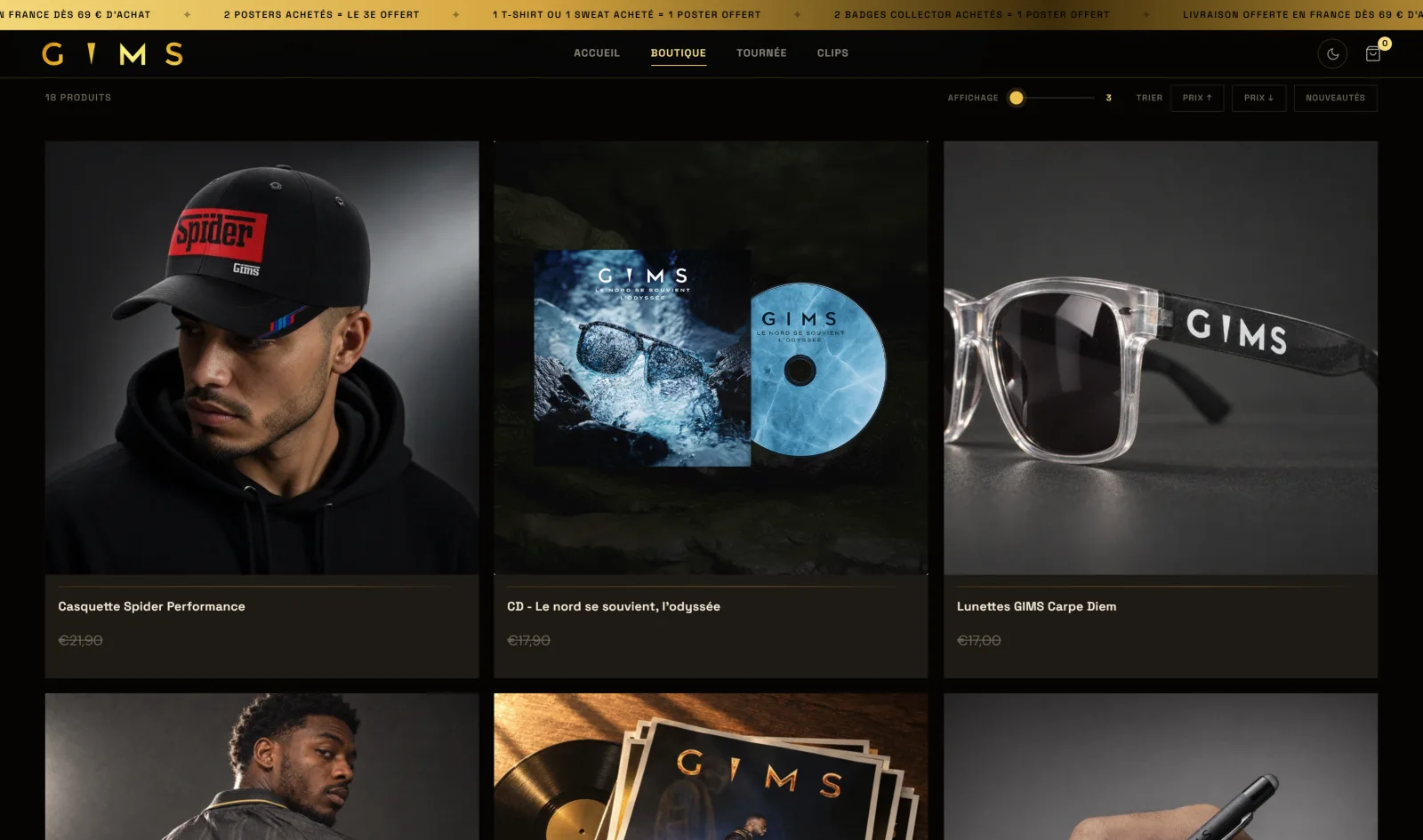 The shop page of the GIMS store: a cap, a CD and sunglasses in a three-column grid on black, with filters and sorting