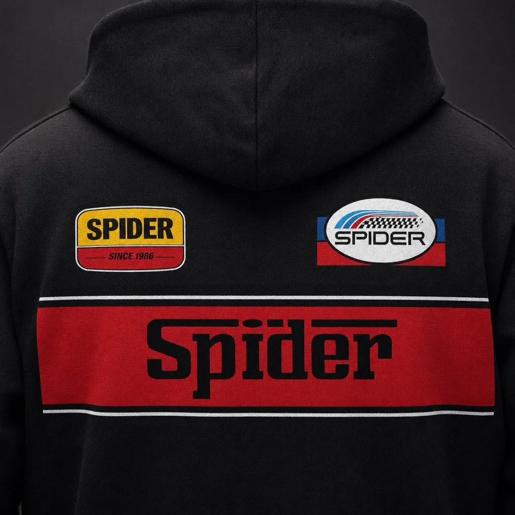 Back of a black hoodie with the red Spider stripe and two patches