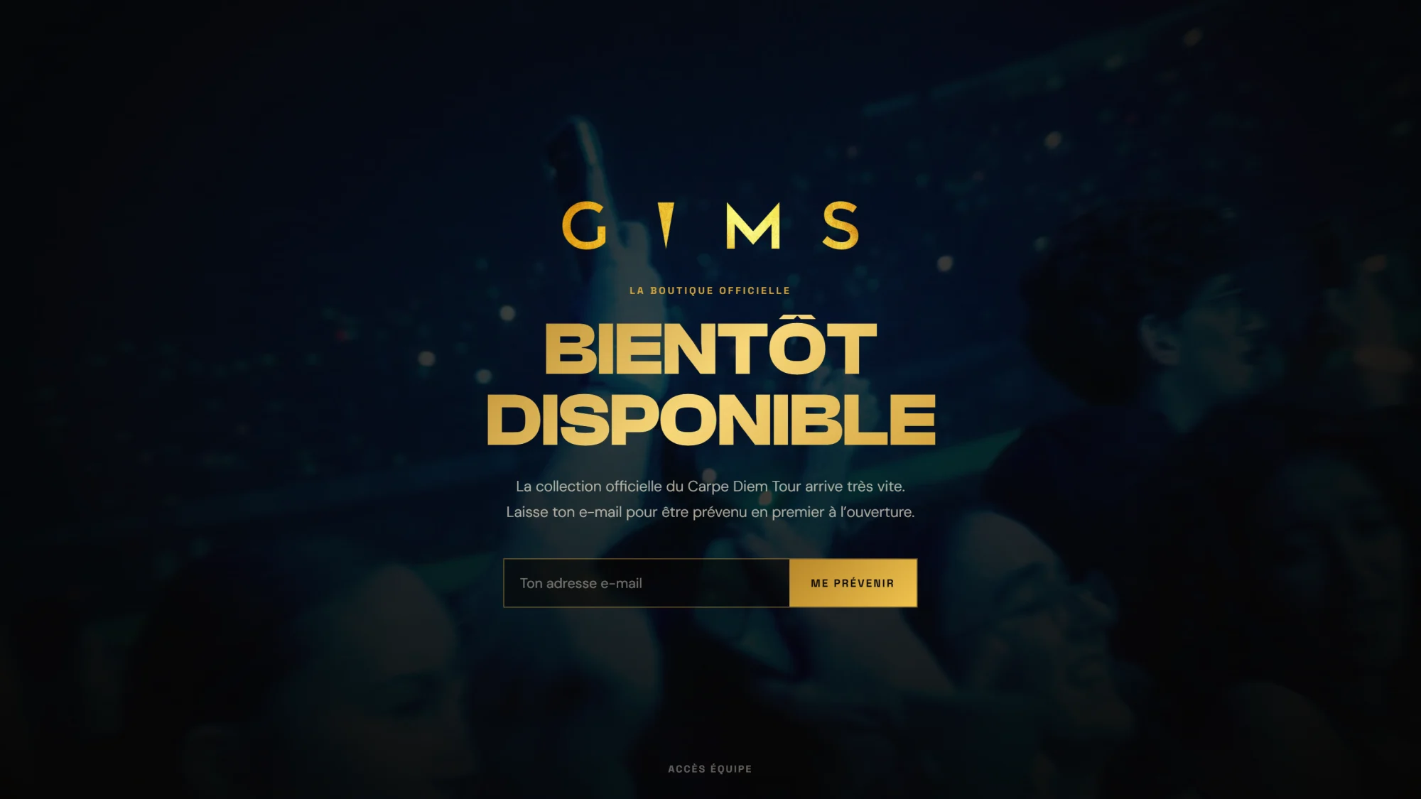 The GIMS store before its launch: the logo in gold, Bientôt disponible, and a field to leave an e-mail address