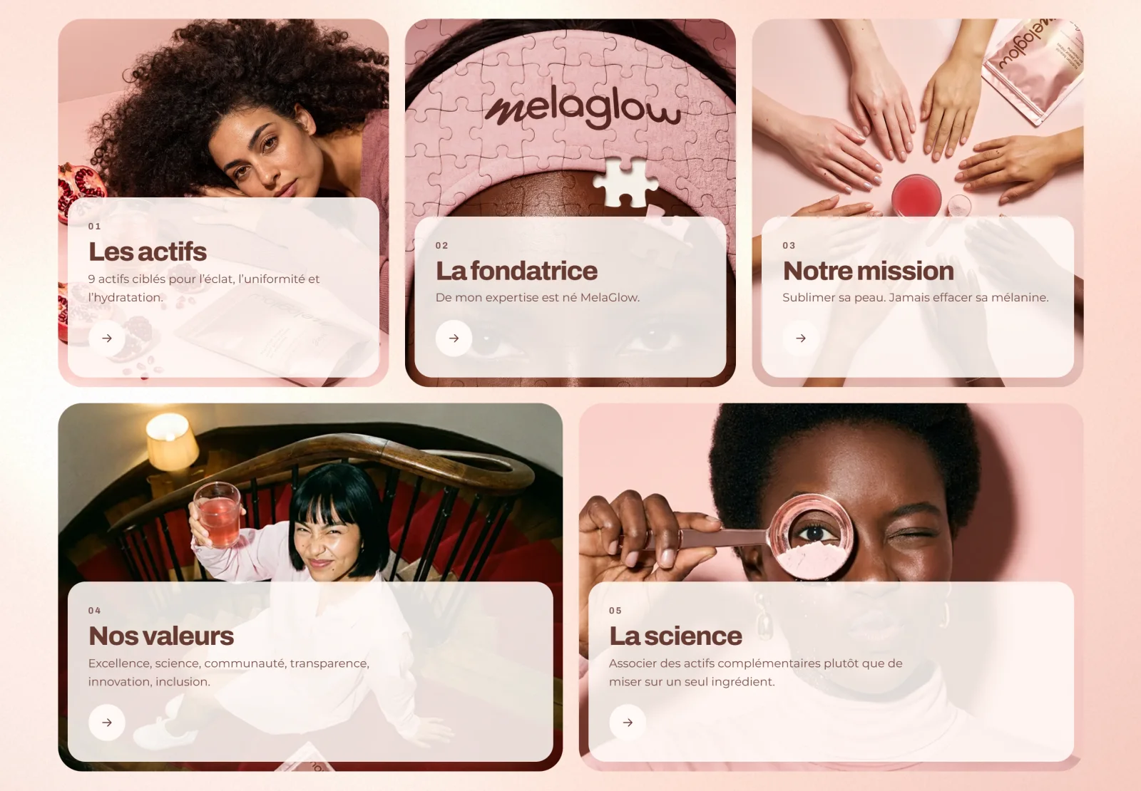 The brand page of the store: five cards, the ingredients, the founder, the mission, the values and the science