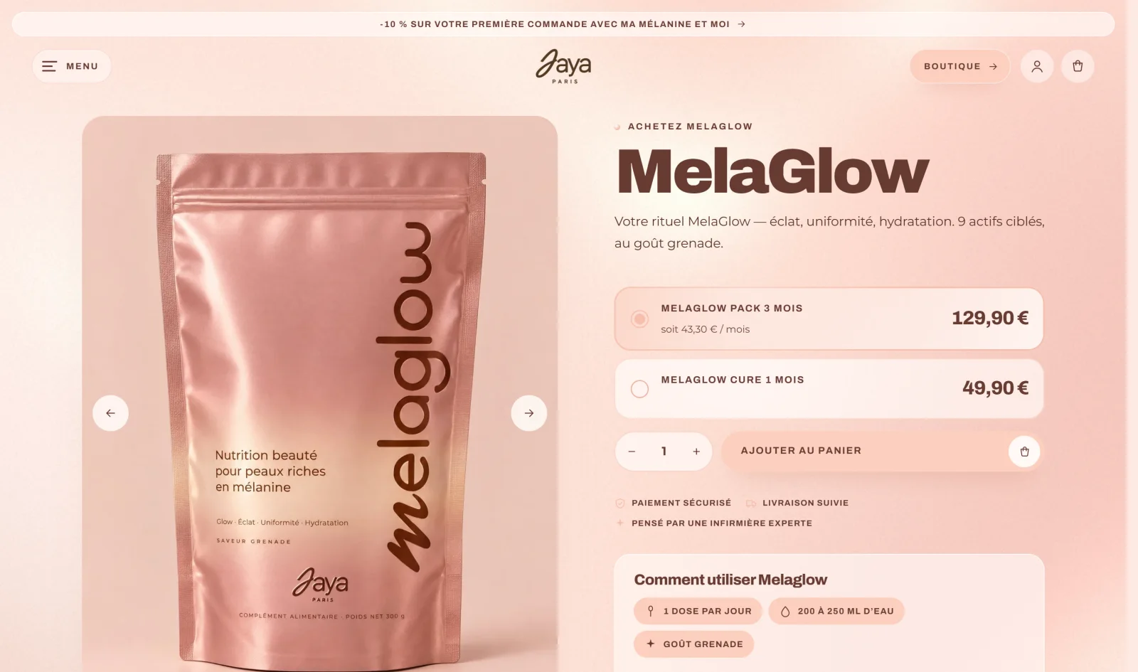 The MelaGlow product page: the pouch, the two offers and the add-to-cart button