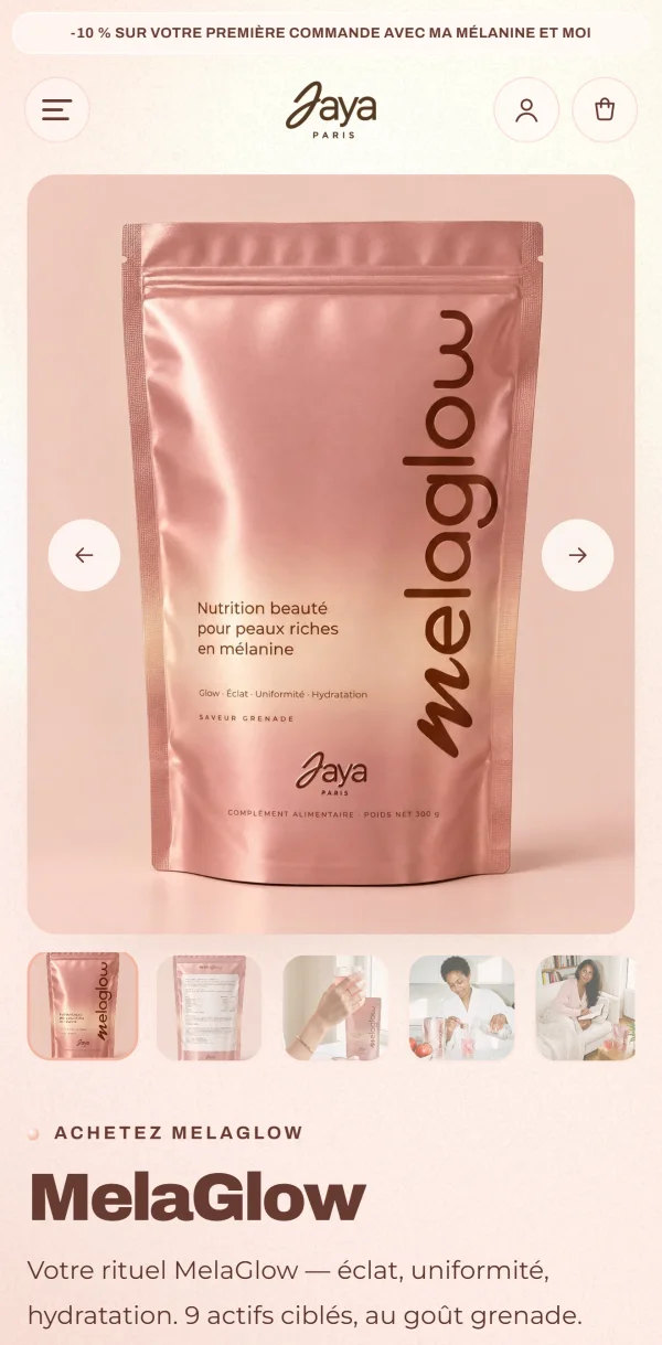 The MelaGlow product page on a phone