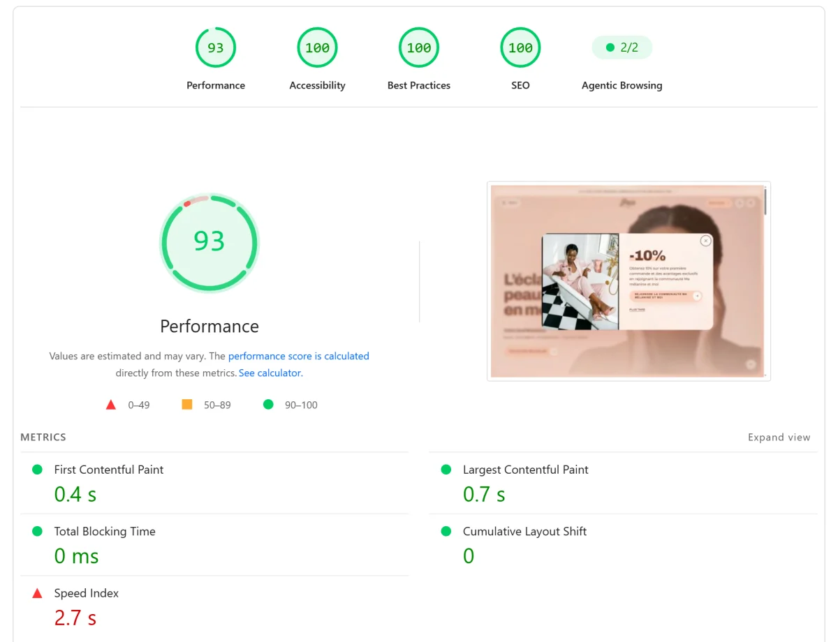 Google PageSpeed Insights لموقع jaya-paris.fr على الكمبيوتر: الأداء 93، سهولة الوصول 100، أفضل الممارسات 100، SEO 100