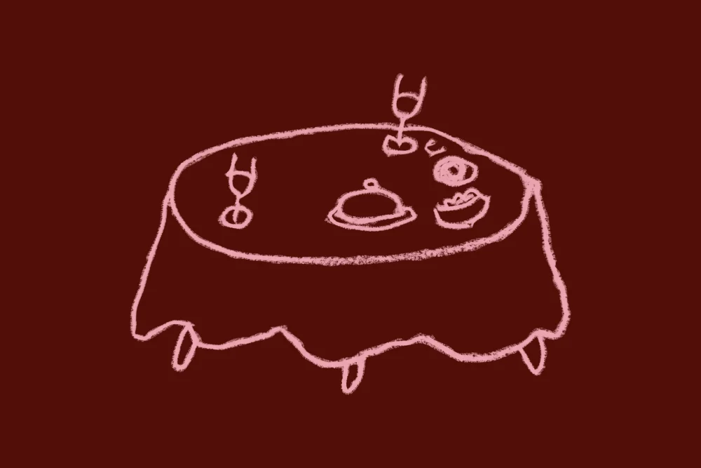 The same table drawing in rose pastel on burgundy
