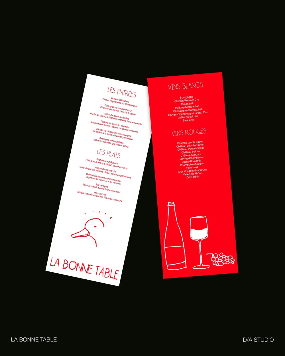 Red and white La Bonne Table menus on black