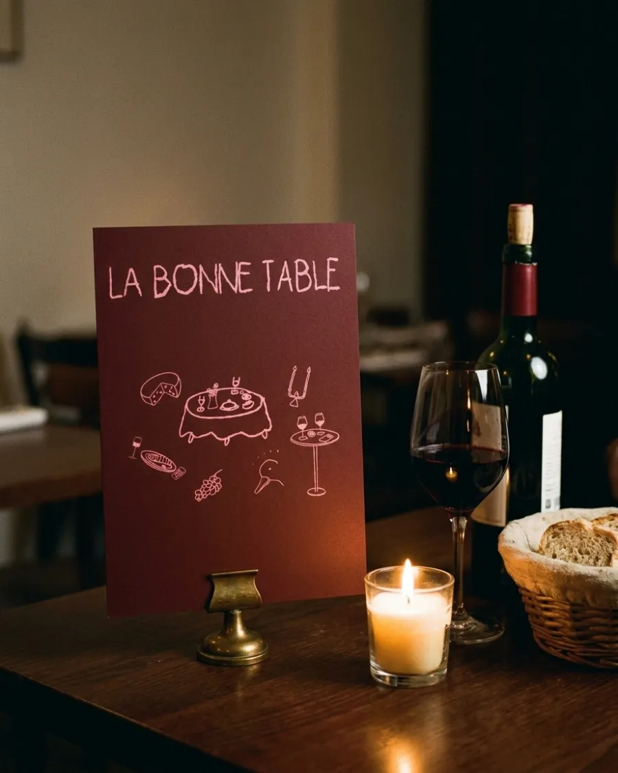 Burgundy wine list with the rose pastel logotype by candlelight
