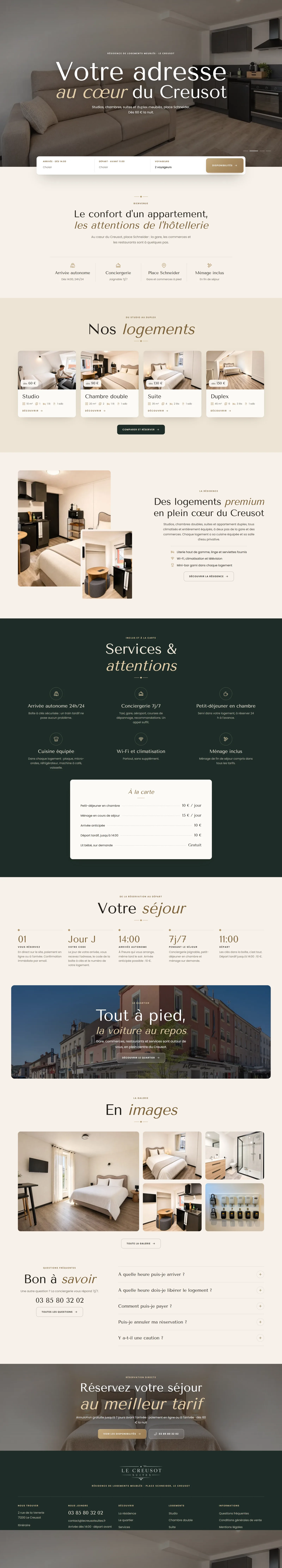 The Le Creusot Suites home page on a laptop