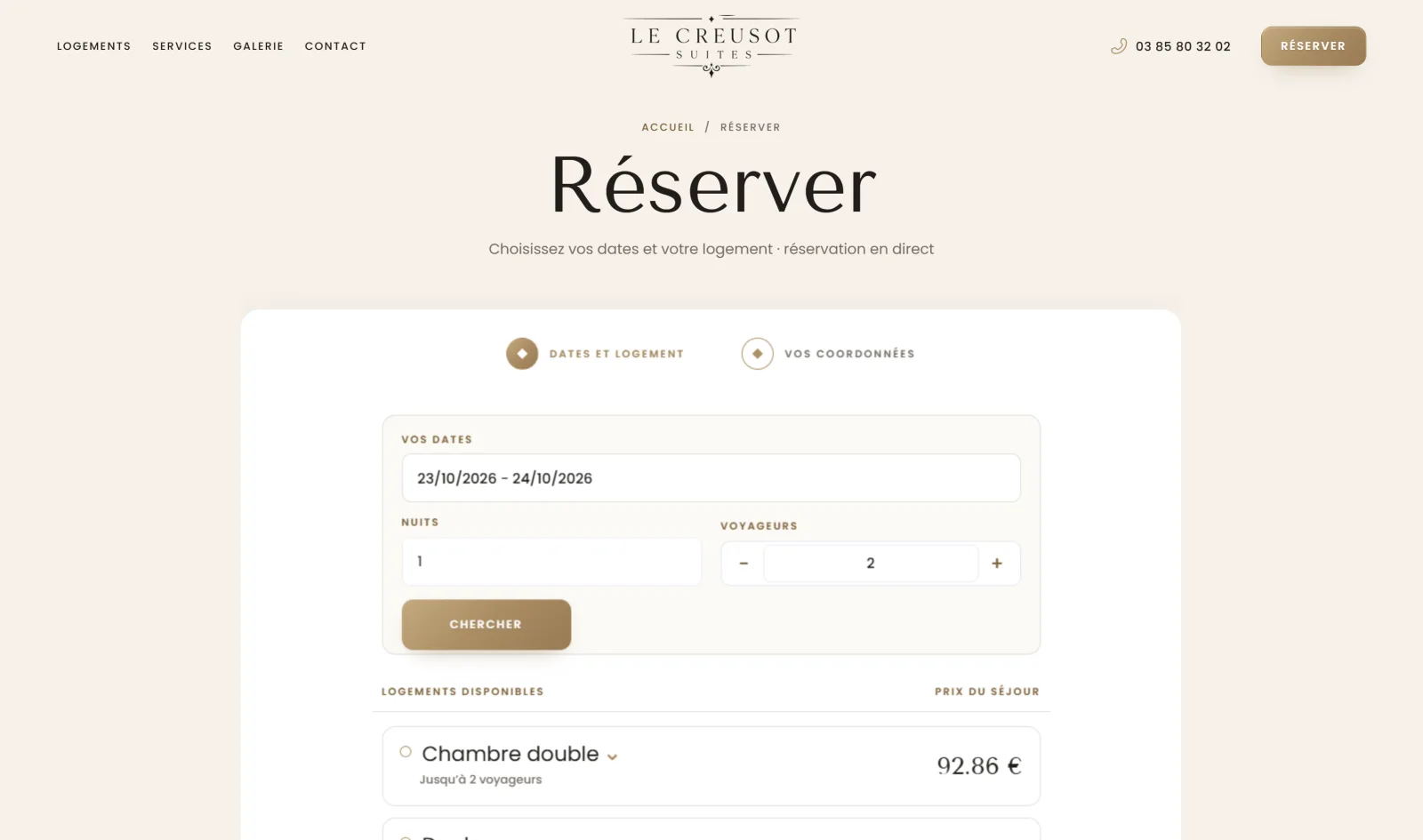 The booking page of the site: the dates, the nights, the guests and the apartments available with the price of the stay