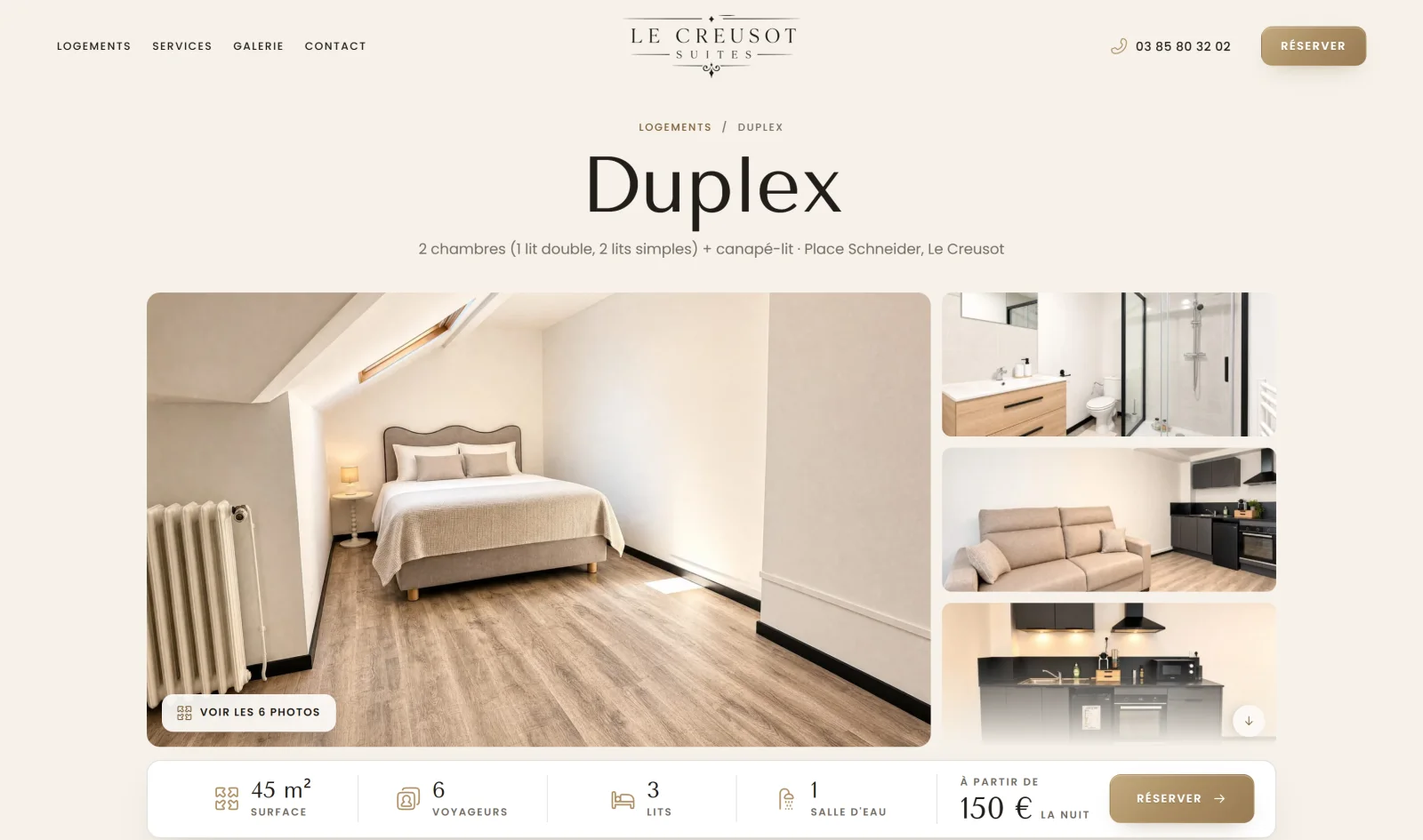 The duplex page of the site: the gallery, the figures, the price and the Book button