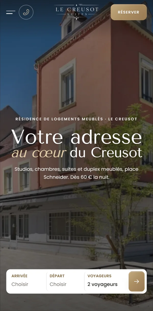 The home page of Le Creusot Suites on a phone