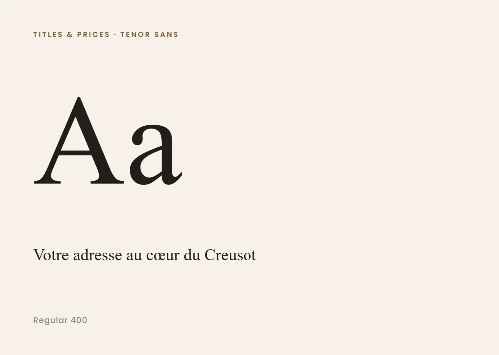Tenor Sans, the typeface of the titles and prices