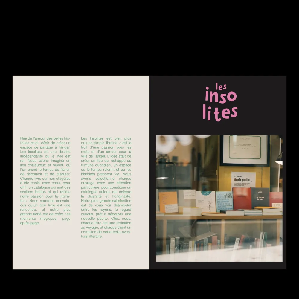 Spread with the pink logo and a photo of the shop