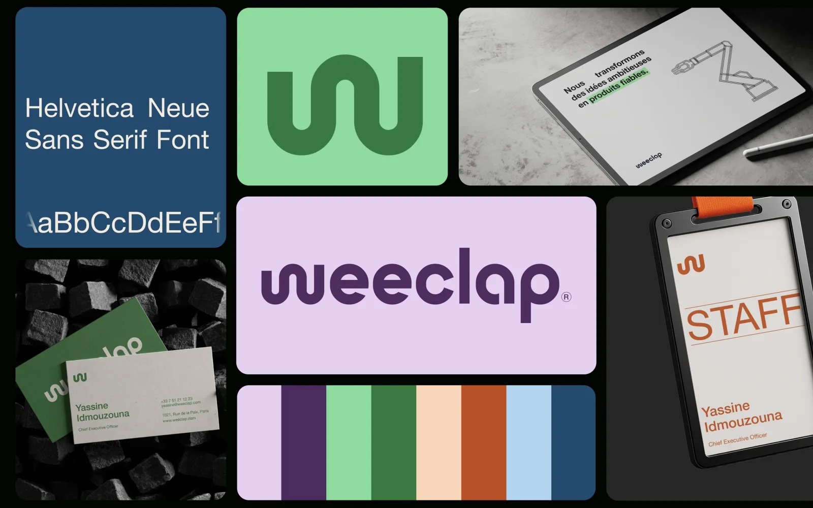 لوحة هوية Weeclap: خط Helvetica Neue ورمز W والشعار والألوان وبطاقات العمل وجهاز لوحي وشارة الفريق
