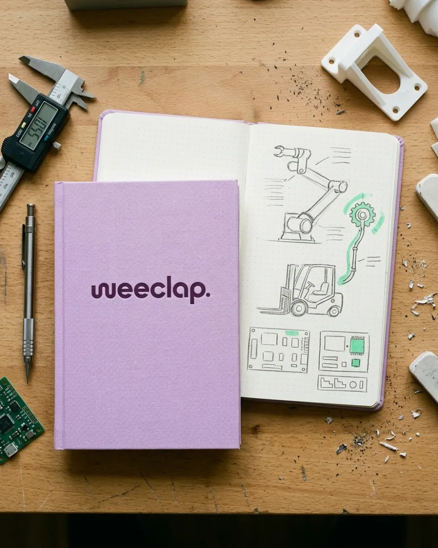 دفتر Weeclap بلون الليلك مفتوح على رسومات بالقلم لذراع آلية ورافعة شوكية، بين أدوات القياس والدوائر الإلكترونية
