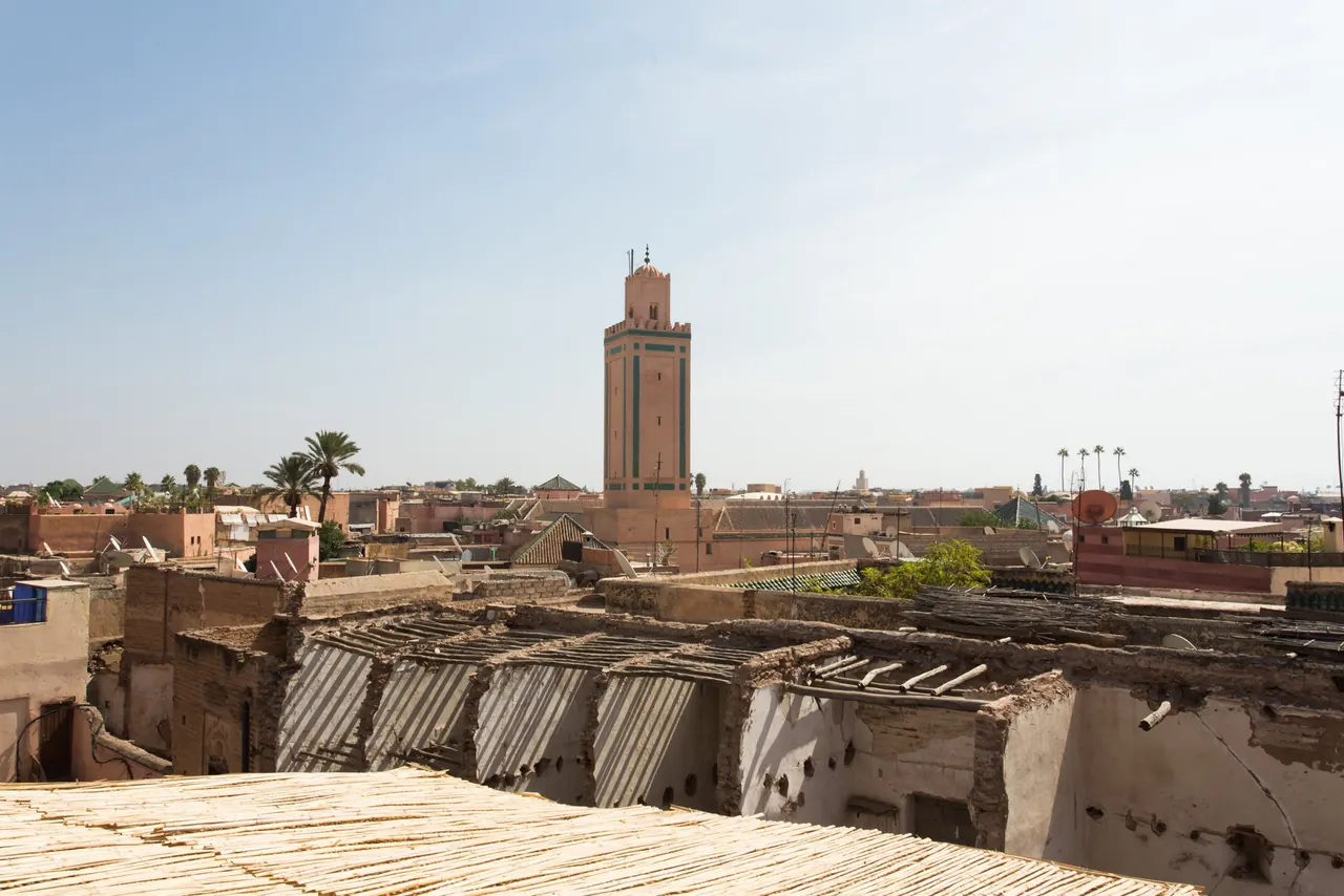 Rooftops of the medina of Marrakech and a minaret